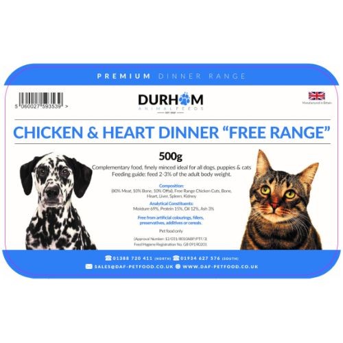 Durham Animal Feeds Free Range Chicken & Heart Dinner 500g