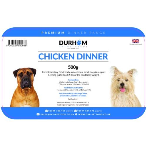 Durham Animal Feeds Raw Dog Food- Chicken Dinner 500g