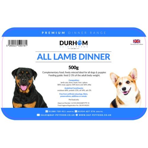 Durham Animal Feeds Raw Dog Food-  Lamb Dinner 500g