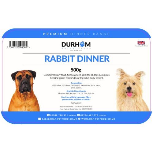 Durham Animal Feeds Raw Dog Food- Rabbit Dinner 500g