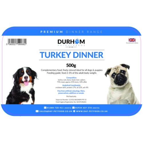 Durham Animal Feeds Raw Dog Food- Turkey Dinner 500g