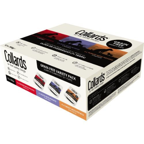 Collards Hypoallergenic Older/Overweight Grain Free Wet Dog Food Tray Variety Pack - 12 x 395g