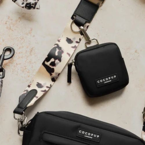 Cocopup Black Dog Walking Bag with Treat Pouch and Ivory Tort Strap